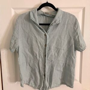 Women’s Flax Cropped Button Down Light Blue Linen Top Blouse Sz Small